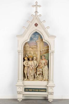 Large Series Stations Of The Cross Complete With All Crosses & Pinakels style Gothic - Style en Plaster polychrome, Belgium  19 th century ( Anno 1865 )