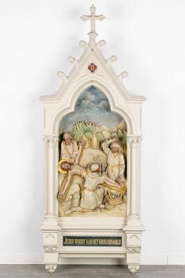 Large Series Stations Of The Cross Complete With All Crosses & Pinakels style Gothic - Style en Plaster polychrome, Belgium  19 th century ( Anno 1865 )