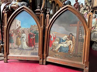 Stations Of The Cross  style Gothic - Style en Painted on Zinc / Oak Frames, France 19 th century ( Anno 1895 )