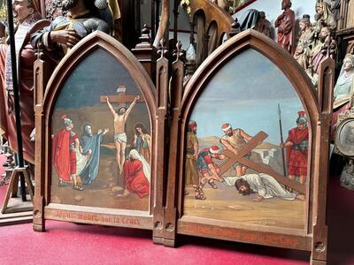 Stations Of The Cross  style Gothic - Style en Painted on Zinc / Oak Frames, France 19 th century ( Anno 1895 )