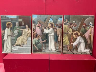 Stations Of The Cross  style Gothic - Style en Hand Painted on Board / No Frames, Netherlands  19 th century