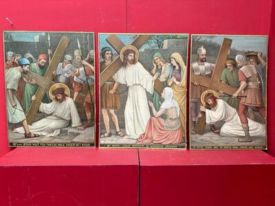 Stations Of The Cross  style Gothic - Style en Hand Painted on Board / No Frames, Netherlands  19 th century