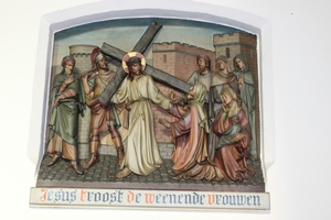 Stations Of The Cross. style Gothic - Style en Terra-Cotta polychrome, Belgium 19th century