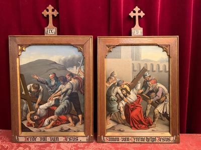 Stations Of The Cross  style Gothic - Style en Painted on Zinc Oak Frames, Belgium 19th century ( anno 1875 )