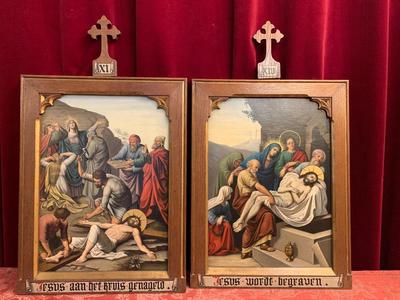 Stations Of The Cross  style Gothic - Style en Painted on Zinc Oak Frames, Belgium 19th century ( anno 1875 )