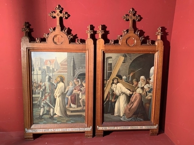 Stations Of The Cross style Gothic - style en Oak Frames / Painted on Zinc, Belgium 19th century ( anno 1875 )
