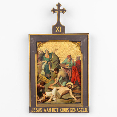 Stations Of The Cross  style Gothic - style en Painted on Brass Oak Frames, Belgium 19 th century