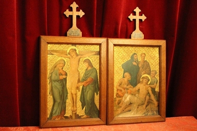 Stations Of The Cross style Gothic - style en Painted on zink / Oak Frames, Belgium 19th century ( anno 1890 )