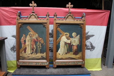 Stations Of The Cross Painted On Canvas style Gothic - style en Oak frames / Oilpainted on Canvas, Belgium 19th century ( anno 1875 )