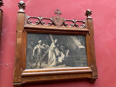Stations Of The Cross Signed By : Fugel style Gothic - style en Hand - Carved Oak Frames / Prints, Belgium 20 th century ( Anno 1908 )