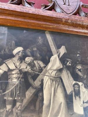 Stations Of The Cross Signed By : Fugel style Gothic - style en Hand - Carved Oak Frames / Prints, Belgium 20 th century ( Anno 1908 )