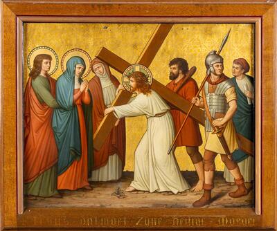 Stations Of The Cross. These Stations Did Survive The Bombing Of The Church style Gothic - Style en Painted on Brass / Oak Frames, Belgium  19 th century