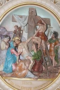 Stations Of The Cross style Romanesque en Terra-Cotta polychrome, France / German text 19th century