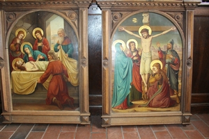 Stations Of The Cross style Romanesque en Hand - Painted on Zinc / Oak Frames, Dutch ( Church at Nuenen ) 19th century