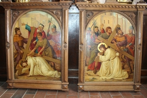 Stations Of The Cross style Romanesque en Hand - Painted on Zinc / Oak Frames, Dutch ( Church at Nuenen ) 19th century