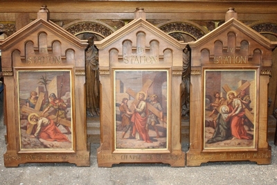 Stations Of The Cross style Romanesque en Walnut Frames / Painted on linen, France 19th century