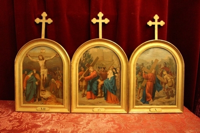 Stations Of The Cross style Romanesque en Printed on Canvas Wooden Frames Gilt, France 19th century