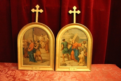 Stations Of The Cross style Romanesque en Printed on Canvas Wooden Frames Gilt, France 19th century
