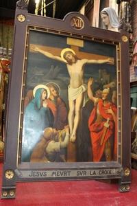 Stations Of The Cross en Painted on Canvas / Oak Frames, Belgium 19th century / anno 1890