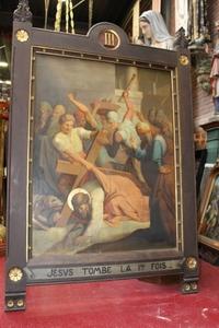 Stations Of The Cross en Painted on Canvas / Oak Frames, Belgium 19th century / anno 1890