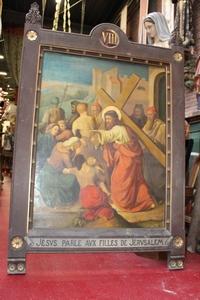 Stations Of The Cross en Painted on Canvas / Oak Frames, Belgium 19th century / Anno 1890