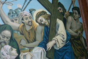 Stations Of The Cross Painted On Canvas en wood oak / Canvas, Dutch 19 th century
