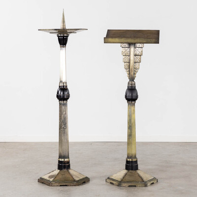 Missal Stand And Paschal Candle Holder. Processional Cross.  Signed : Vandenhoute Anderlecht.  style art - deco en Bronze / Ebony Wood, Belgium  20 th century ( Anno 1930 )