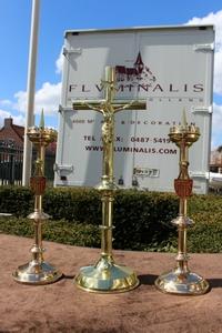 Altar Set Candle Sticks With Cross en Brass / Bronze, Belgium 19th century
