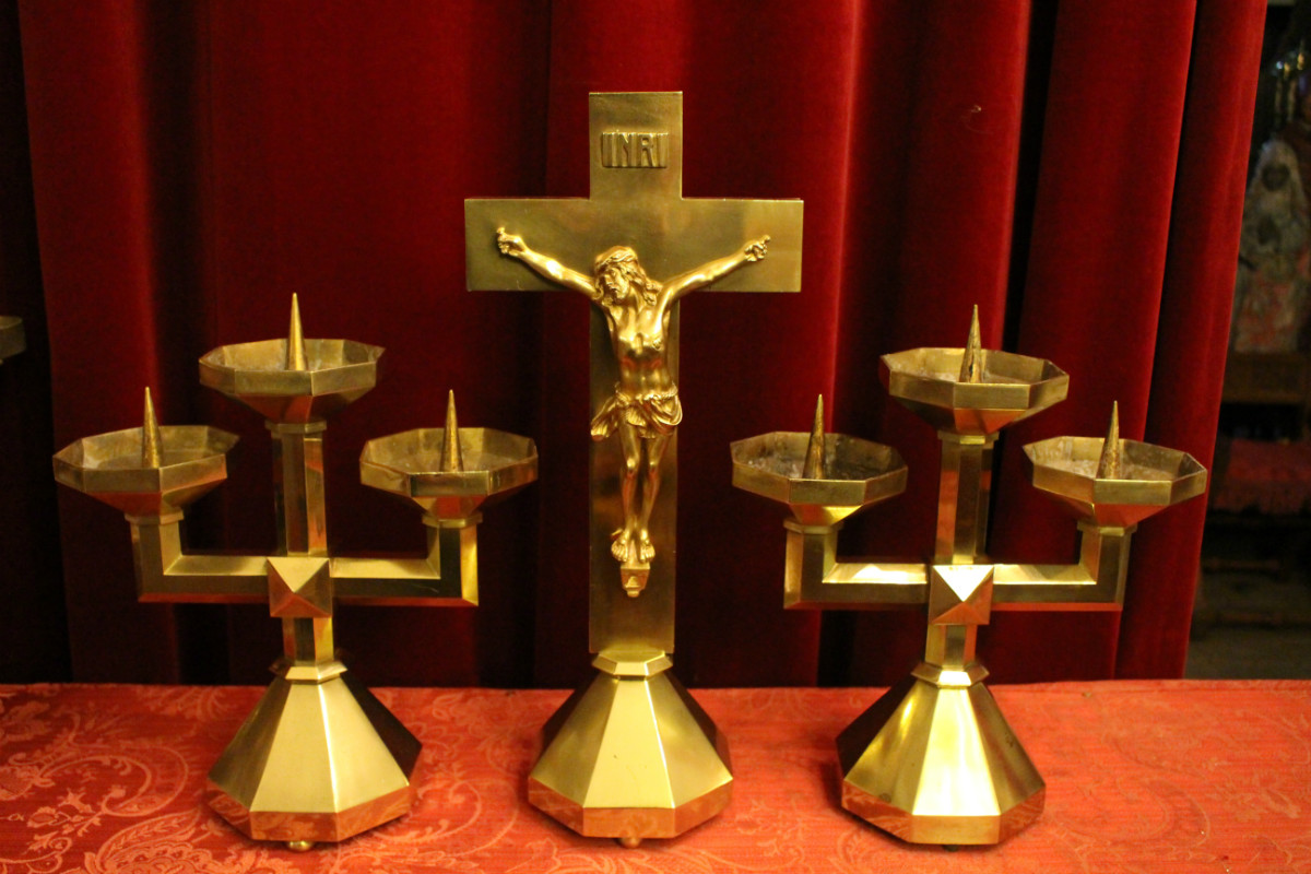 3 ART - DECO Altar - Set Matching Candle Sticks With Cross. Measures Are From The Cross.