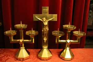 3 ART - DECO Altar - Set Matching Candle Sticks With Cross. Measures Are From The Cross.