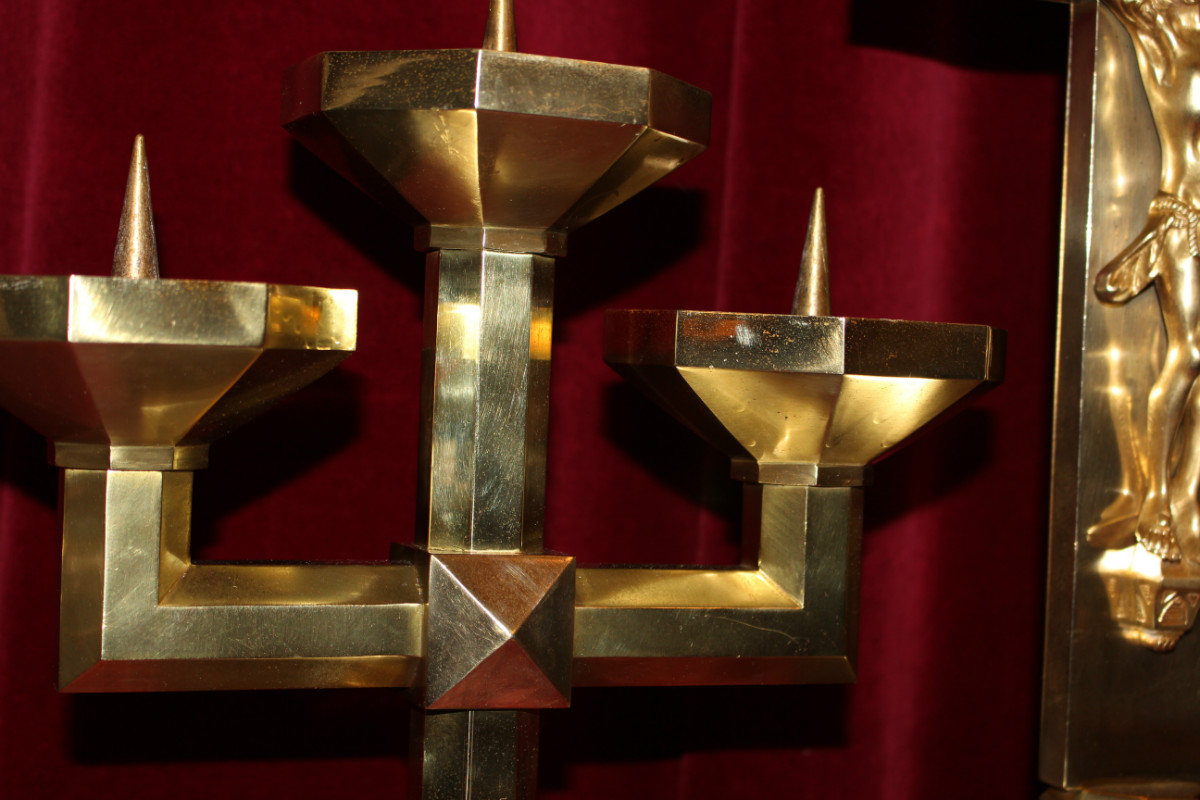 3 ART - DECO Altar - Set Matching Candle Sticks With Cross. Measures Are From The Cross.