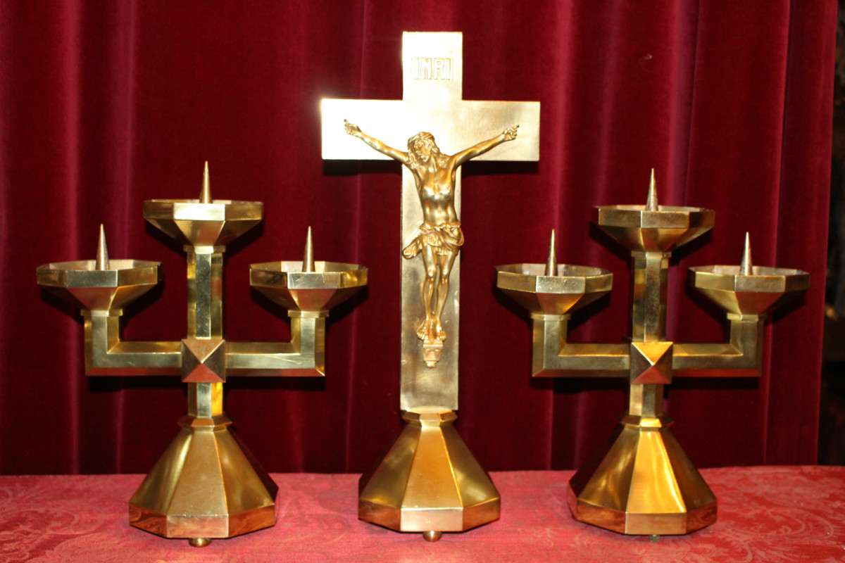 3 ART - DECO Altar - Set Matching Candle Sticks With Cross. Measures Are From The Cross.