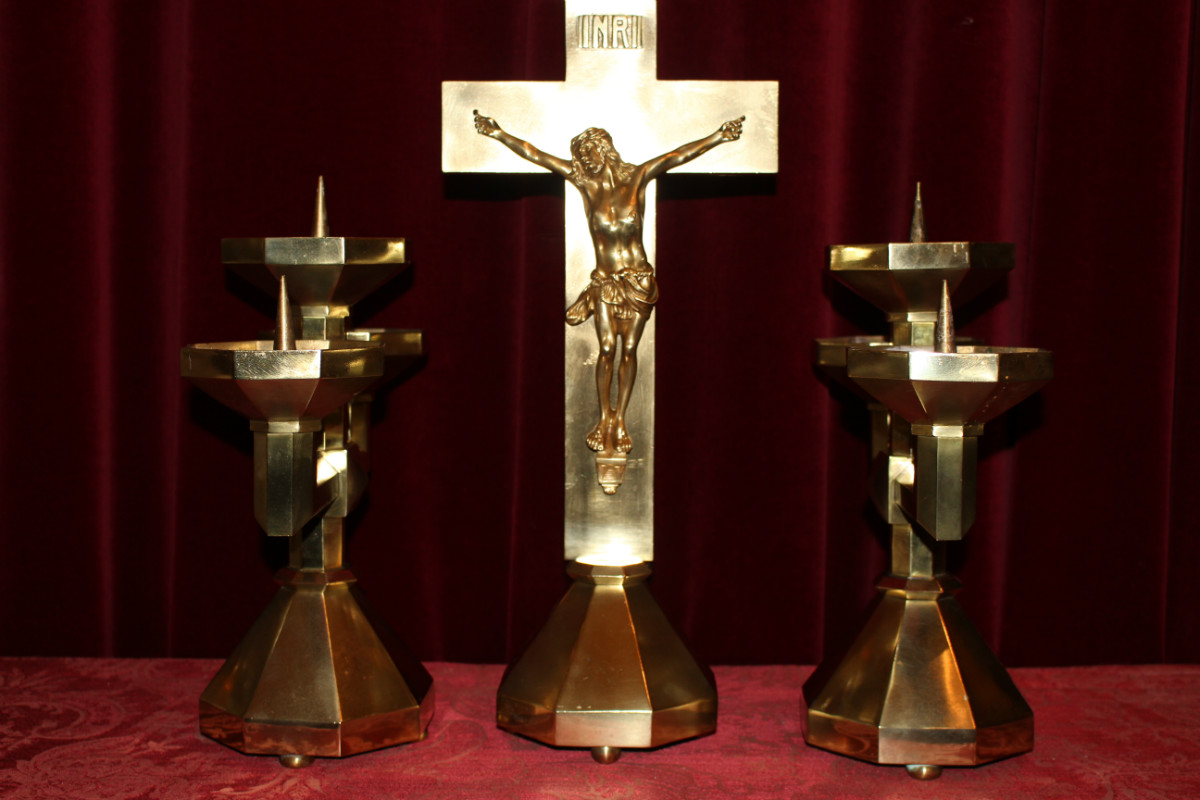 3 ART - DECO Altar - Set Matching Candle Sticks With Cross. Measures Are From The Cross.