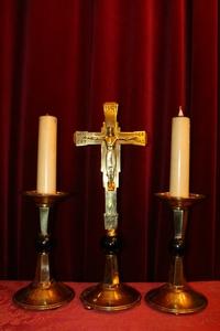 Altar Set Matching Candle Sticks With Cross. Measures From The Cross style ART - DECO en Bronze, Belgium 20th century