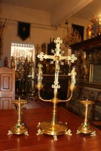 Altar Set Height Cross 60 Cm / 24 Inches. Candle Sticks Are Sold ! style Gothic - style en bronze, Belgium 19th century