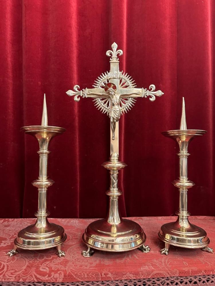 3 Gothic - Style Altar - Set Matching Candle Sticks With Cross. Measures Candle Sticks Height 32 Cm Without Pin