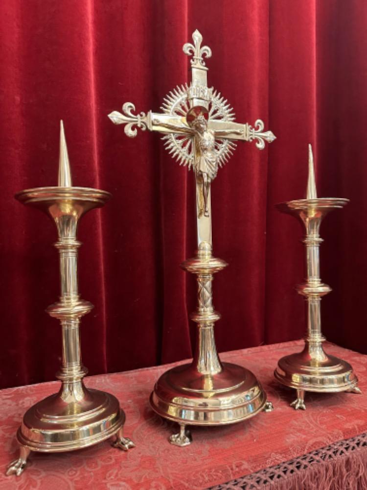 3 Gothic - Style Altar - Set Matching Candle Sticks With Cross. Measures Candle Sticks Height 32 Cm Without Pin