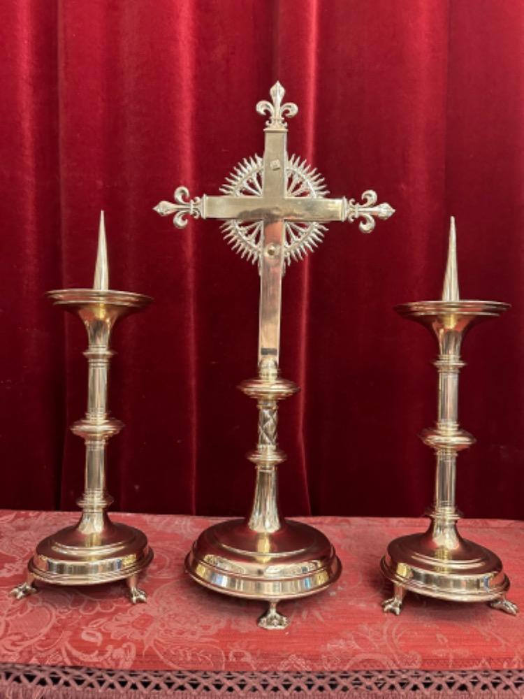 3 Gothic - Style Altar - Set Matching Candle Sticks With Cross. Measures Candle Sticks Height 32 Cm Without Pin