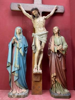 Calvary Scene Corpus Christi St. Mary & St. John Total Height Corpus 170 Cm ( 67 ) Inches With Hands Up. style Gothic - style en Hand - Carved Wood Polychrome, BELGIUM 19 th century ( Anno 1875 )