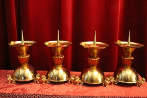 Altar - Candle - Holders. Measures Without Pin. Height 23 Cm. Slice Upperpart 17 Cm. style ART - DECO en Brass / Bronze / Hand Hammered, Belgium 20th century