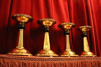 Matching Candle Holders style ART - DECO en Brass / Bronze / Ebony wood / New Polished and Varnished, Belgium 20th century (Anno 1930)