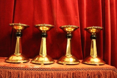 Matching Candle Holders style ART - DECO en Brass / Bronze / Ebony wood / New Polished and Varnished, Belgium 20th century (Anno 1930)