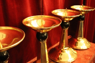 Matching Candle Holders style ART - DECO en Brass / Bronze / Ebony wood / New Polished and Varnished, Belgium 20th century (Anno 1930)