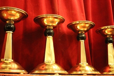 Matching Candle Holders style ART - DECO en Brass / Bronze / Ebony wood / New Polished and Varnished, Belgium 20th century (Anno 1930)