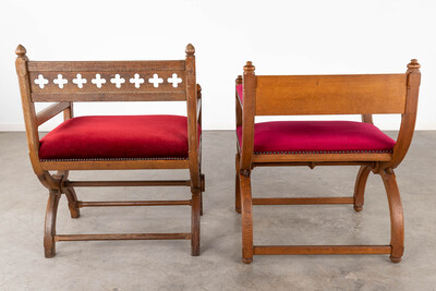 Chairs  style Gothic - Style en Oak Wood / Red Velvet, Belgium  19 th century