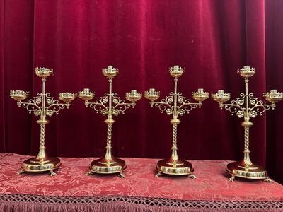 Matching Candle Holders  style Gothic - Style en Brass / Bronze / Polished and Varnished, Belgium  19 th century ( Anno 1885 )