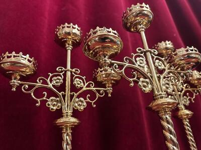 Matching Candle Holders  style Gothic - Style en Brass / Bronze / Polished and Varnished, Belgium  19 th century ( Anno 1885 )