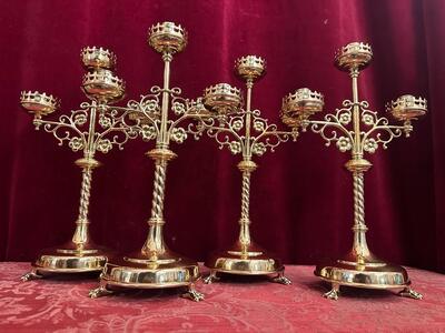 Matching Candle Holders  style Gothic - Style en Brass / Bronze / Polished and Varnished, Belgium  19 th century ( Anno 1885 )