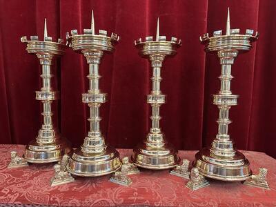 Matching Candle Sticks Height Without Pin. style Gothic - Style en Bronze / Polished and Varnished, Belgium  19 th century ( Anno 1865 )