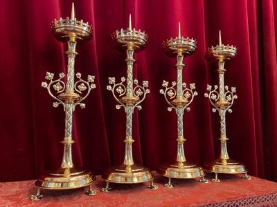 Matching Candle Sticks Height Without Pin.  style Gothic - style en Brass / Bronze / Polished and Varnished, Belgium 19 th century ( Anno 1890 )